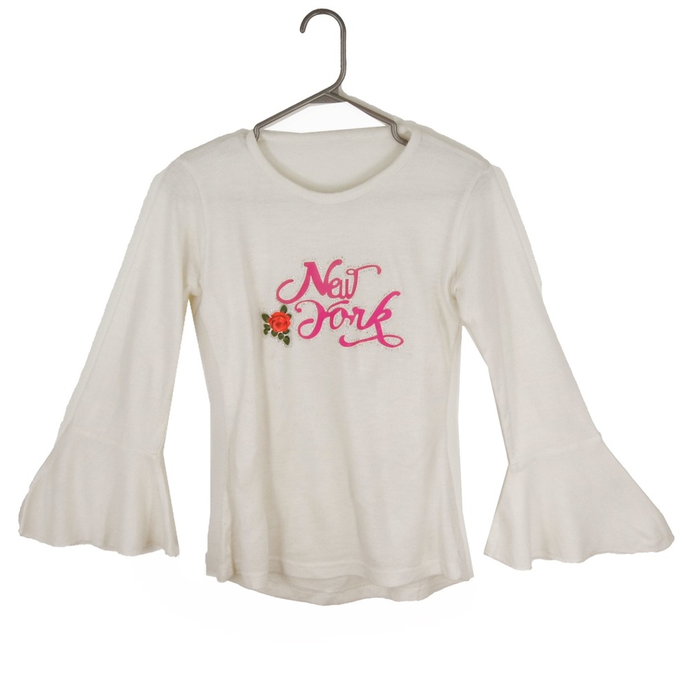 Vintage 70s Retro New York Rhinestone Floral White Long Bell Flare Sleeve Top